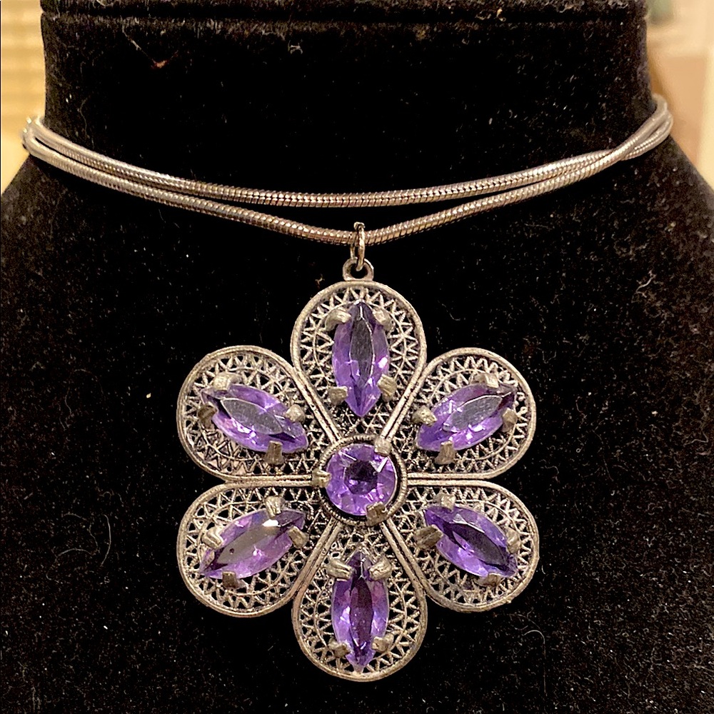 Elegant Silver Tone and Amethyst Color Purple Floral Filigree Pendant Necklace